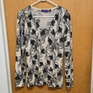 Saks Fifth Ave Cashmere Black and Cream Feather Pattern Sweater womens Large